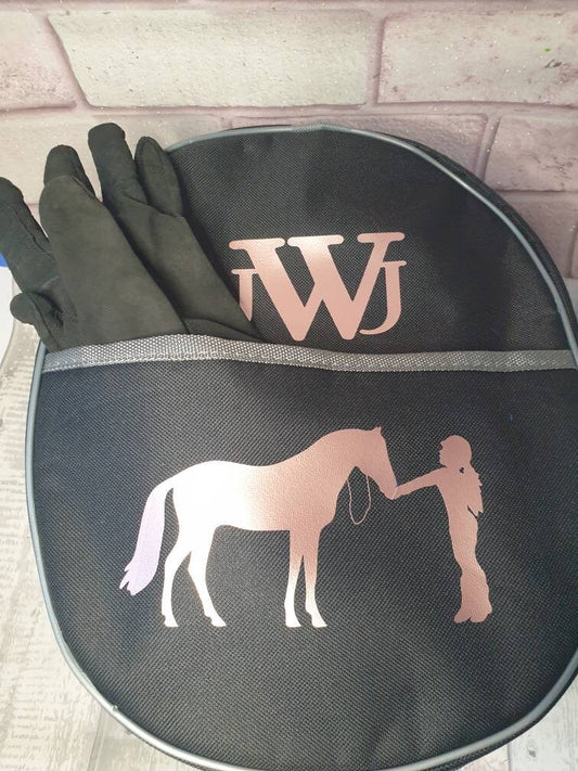 Black Personalised Horse riding - hat/Helmet and gloves bag (equestrian, Pony) Birthday Gift