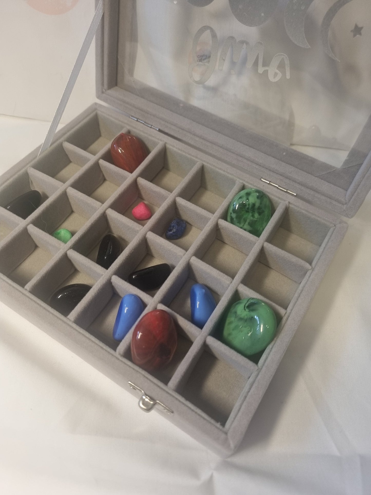 Crystal Storage box, Velvet glass viewing power box - Moon phase personalised Display Gemstones Healing manifestation