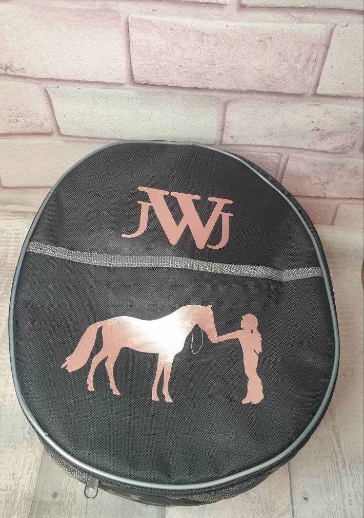 Navy Personalised Horse riding -  hat Lined bag with a front pouch- Birthday Gift Navy equestrian pony
