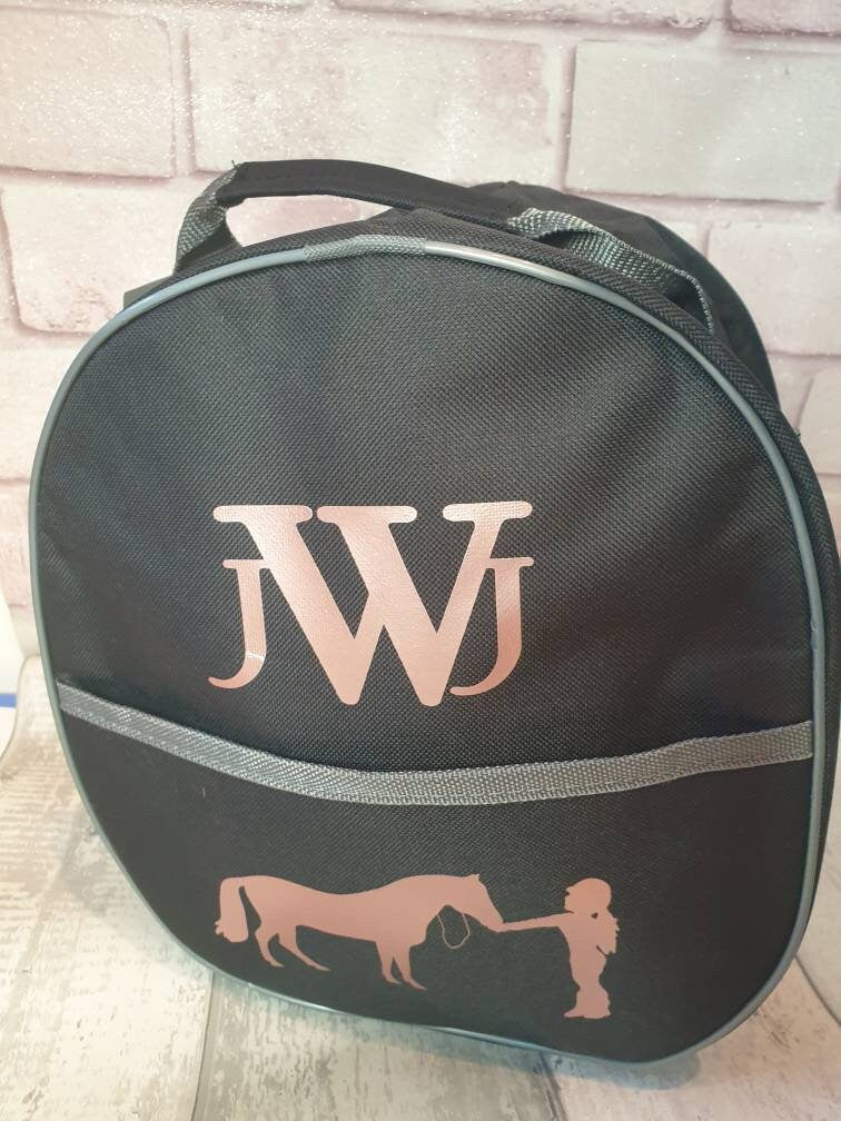 Navy Personalised Horse riding -  hat Lined bag with a front pouch- Birthday Gift Navy equestrian pony