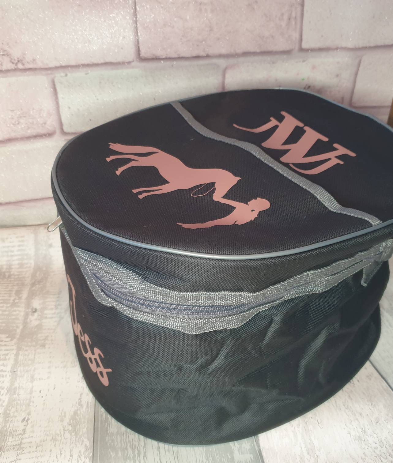 Black Personalised Horse riding -  hat/Helmet and gloves bag (equestrian, Pony) Birthday Gift