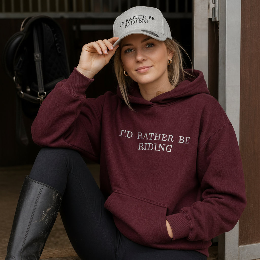 Woman wearing a maroon hoodie and cap with 'I'd Rather Be Riding' text, sitting in a stable.