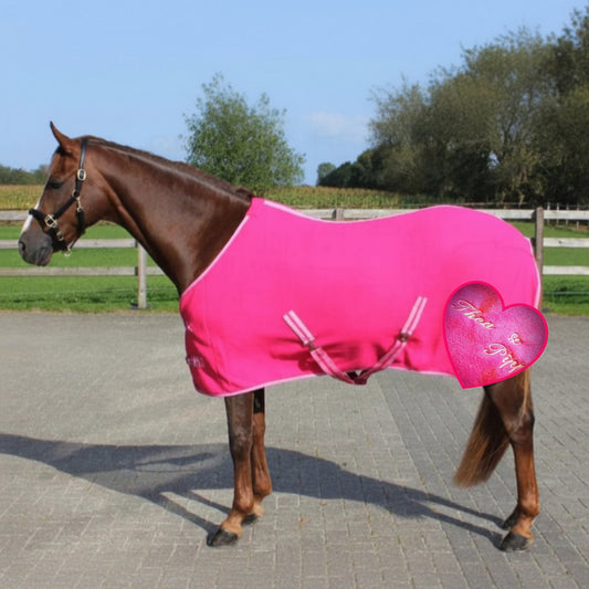 Horse wearing a pink blanket with a heart design in an outdoor setting
