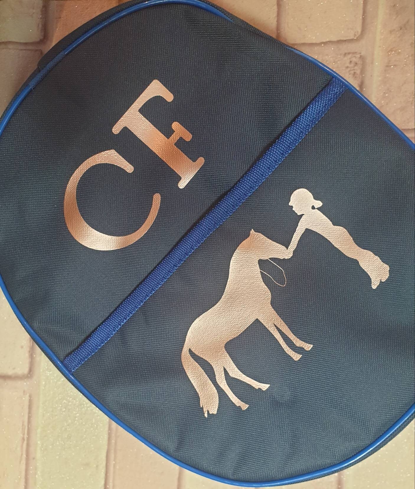 Navy Personalised Horse riding -  hat Lined bag with a front pouch- Birthday Gift Navy equestrian pony