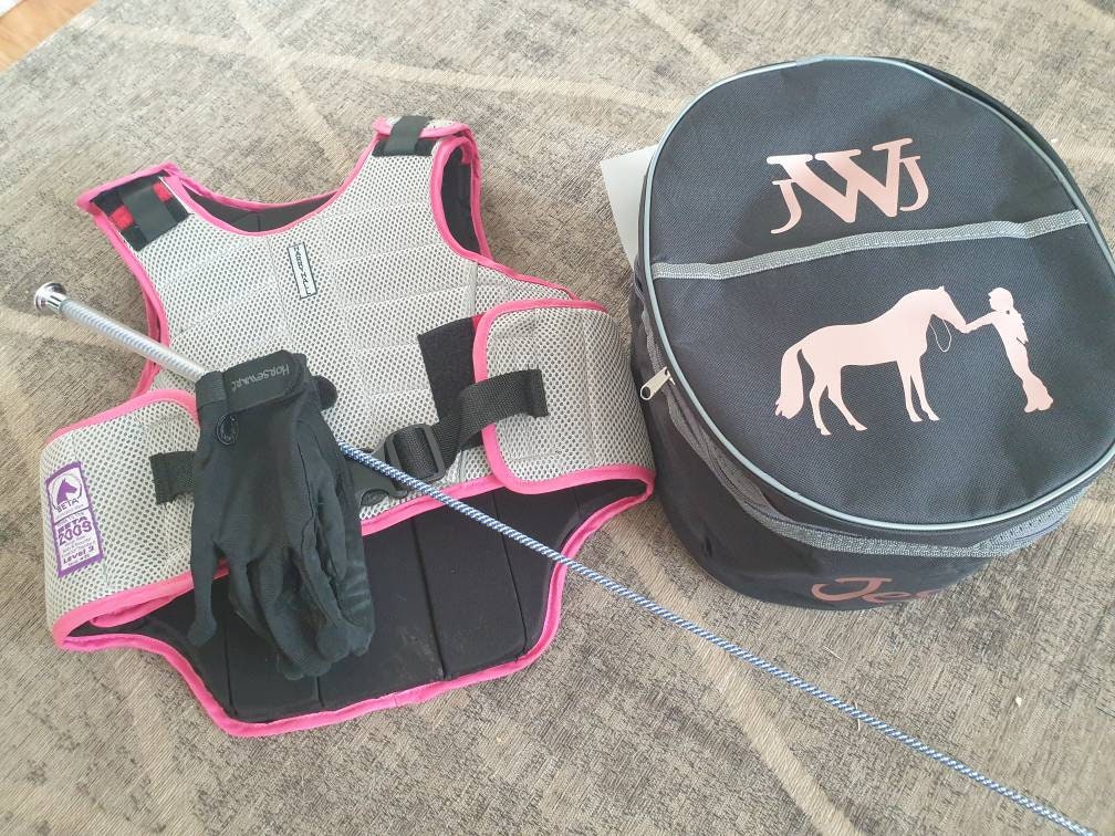 Black Personalised Horse riding -  hat/Helmet and gloves bag (equestrian, Pony) Birthday Gift