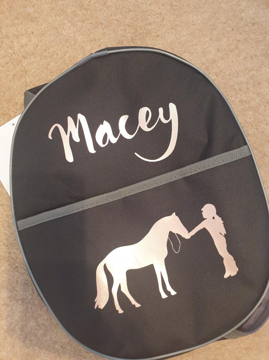 Black Personalised Horse riding -  hat/Helmet and gloves bag (equestrian, Pony) Birthday Gift